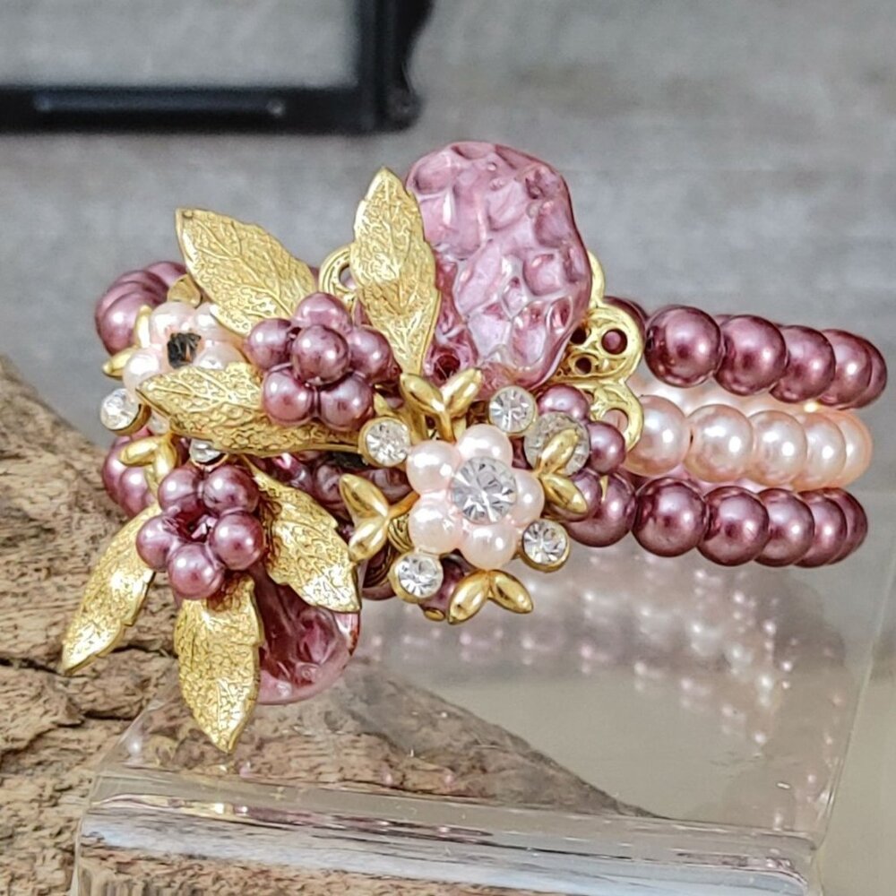 Cuff Beaded Bracelet Vintage Pink Gold Floral Beaded Rhinestones Faux Pearl
